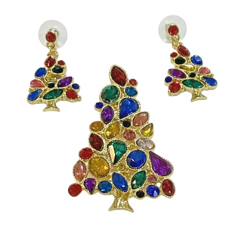 Rhinestone Christmas Tree Jewelry Set Brooch & Pierced Earrings Gold Multicolor